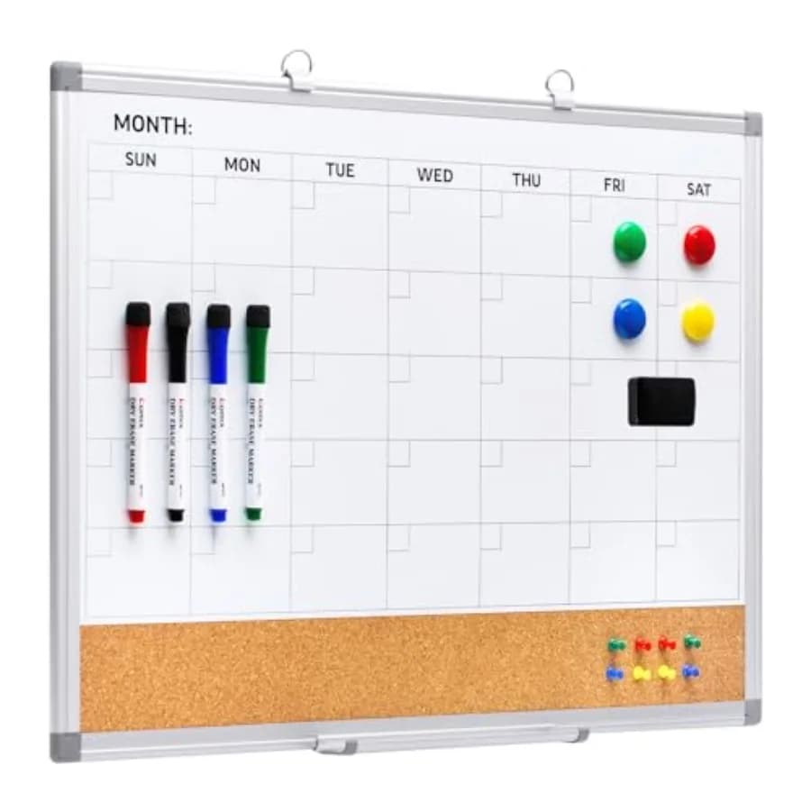Calendario cancellabile a secco e lavagna in sughero, combinazione calendario mensile e bacheca da parete, 24 x 18 pollici, in alluminio