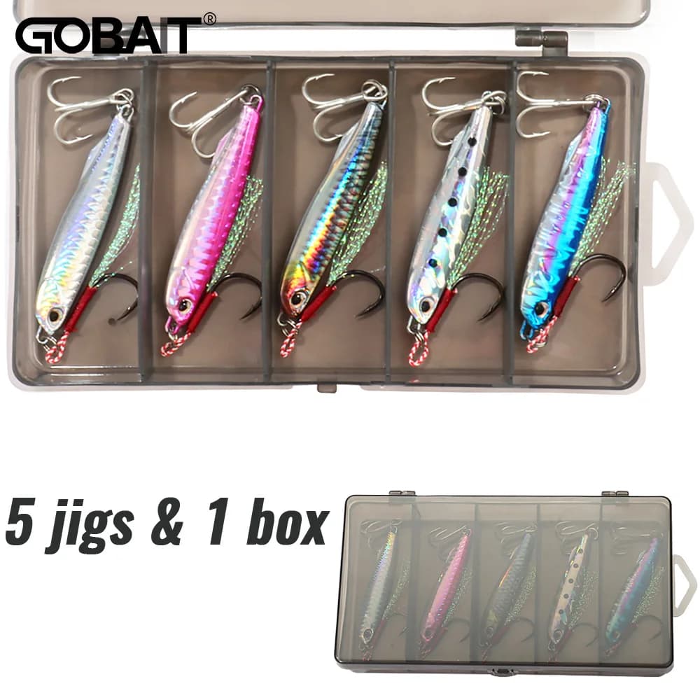 5 pz/scatola Metallo Jig Esche 10g 20g 30g 40g Spinner Affondamento Matita Piuma Gancio Treble Ganci Pesca Set Attrezzatura Da Pesca scatola esca Kit