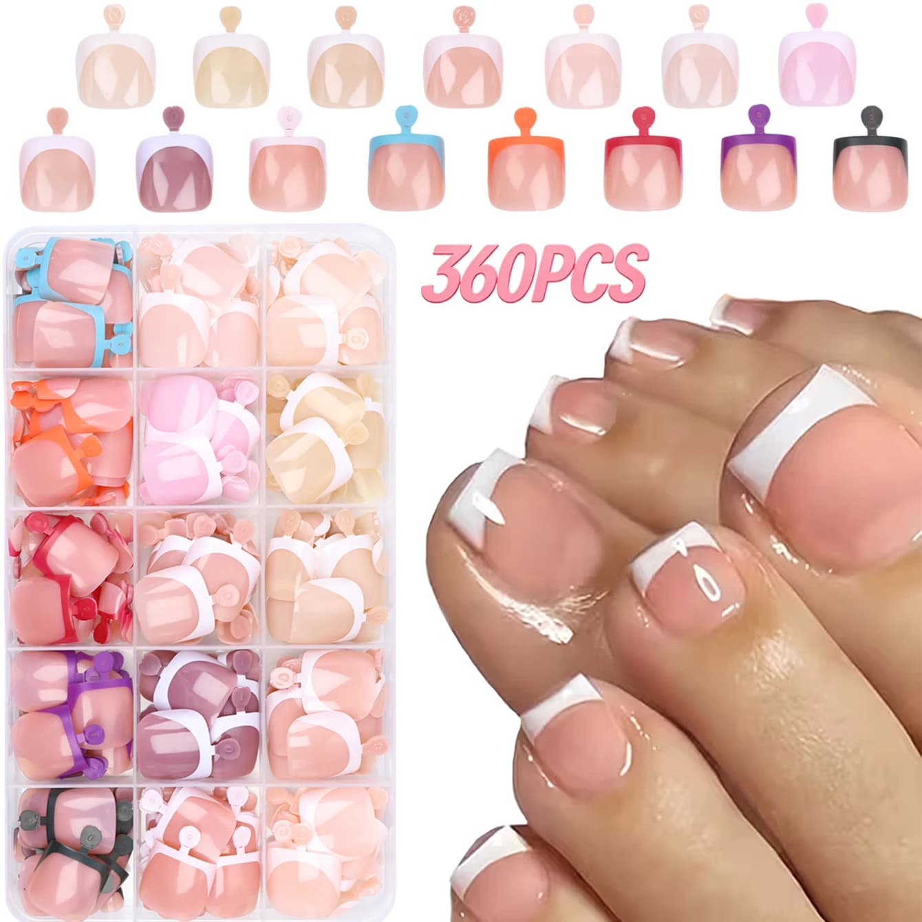 360PCS Short Square White French False Nails 12 Nude Tones Full Cover Glossy Fake Nails With Storage Box Manicure Supplies