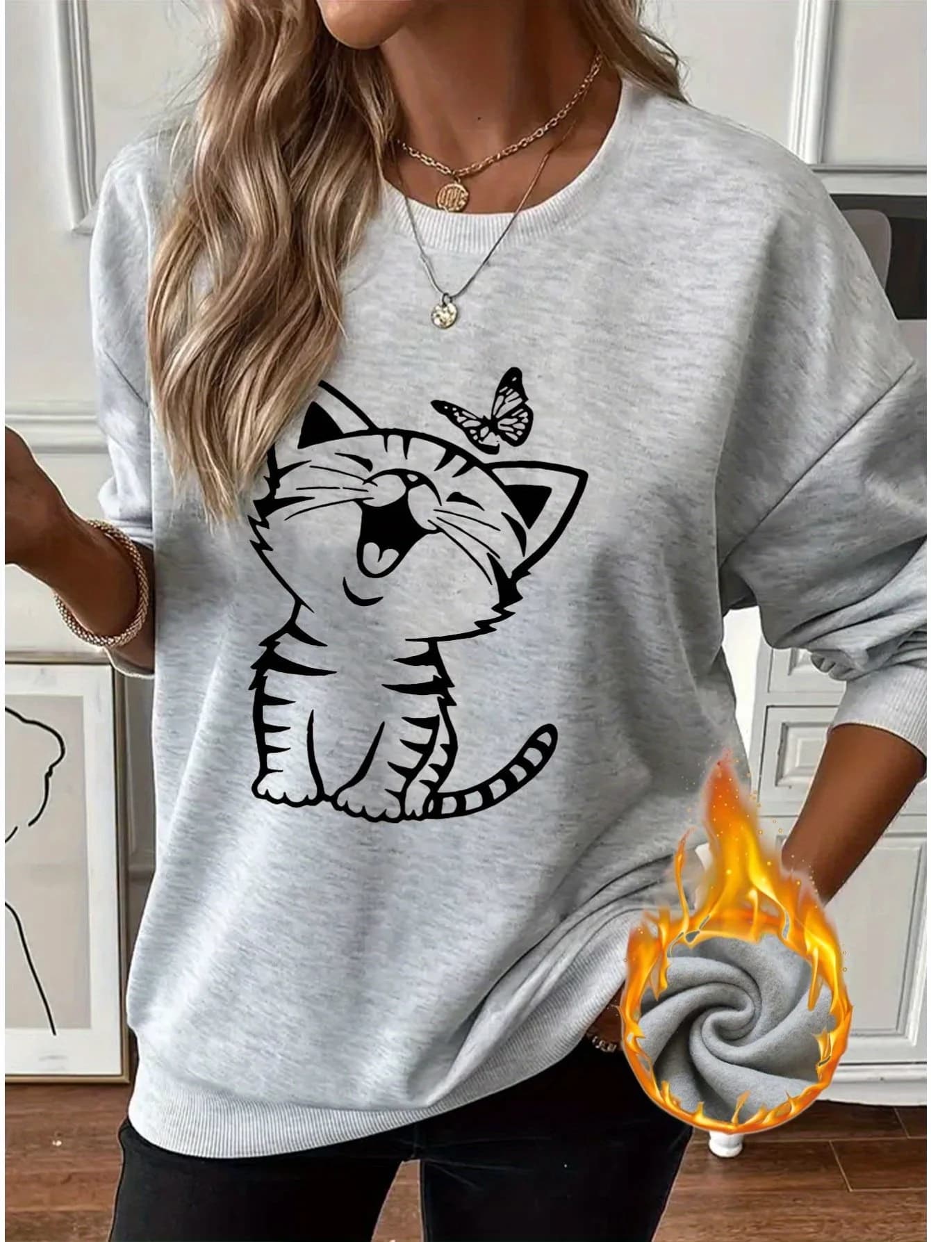 Women's Autumn and Winter Casual Fashion Loose and Comfortable Paris Pattern Printed Warm Round Neck Long Sleeved Pullover