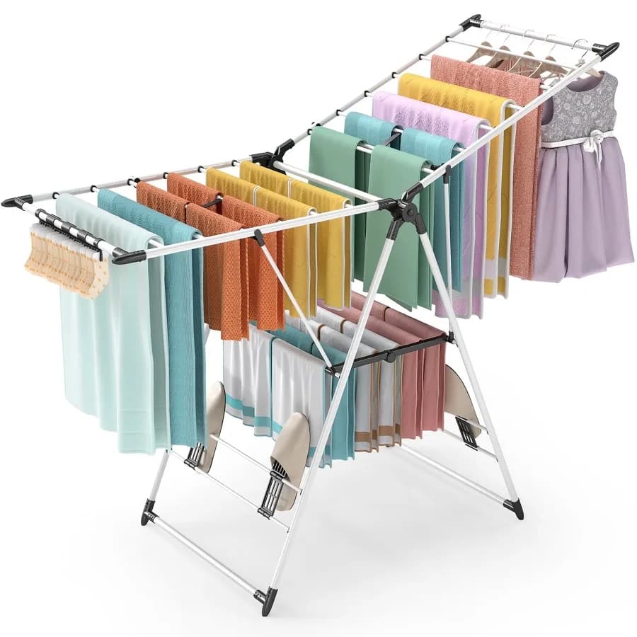 Clothes Drying Rack Collapsible Laundry Rack with Shoe Hangers White