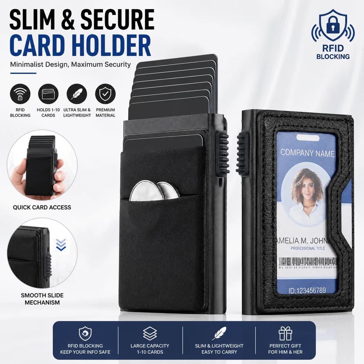 RFID Blocking Pop-Up Aluminum Wallet, Carbon Fiber Slim Card Holder Fits 10+ Cards & Cash, Pocket Purse for Men Daily Business