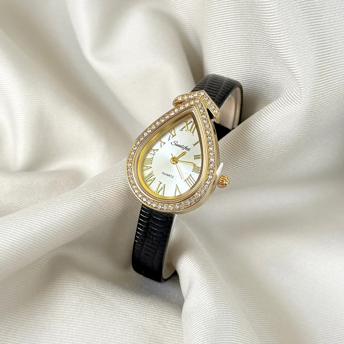 SUNLIFEX Women's Water Drop Shape Quartz Watch Fashionable Women's Rhinestone Watch Wrist Watch with Leather Strap Girl's Watch Reloj Mujer