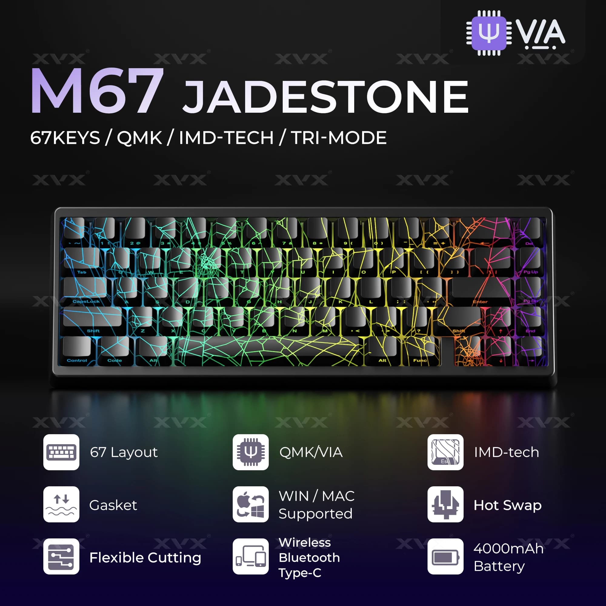 Tastiera XVX Spider Web M67 JadeStone con copritasti IMD-Tech Connessione tri-modale Tastiera retroilluminata RGB personalizzata 60%