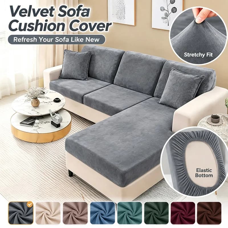 Velvet Sofa Seat Cushion Cover Super Soft Plush Anti‑Slip Removable Washable Couch Cushion Slipcover Home Furniture Protector