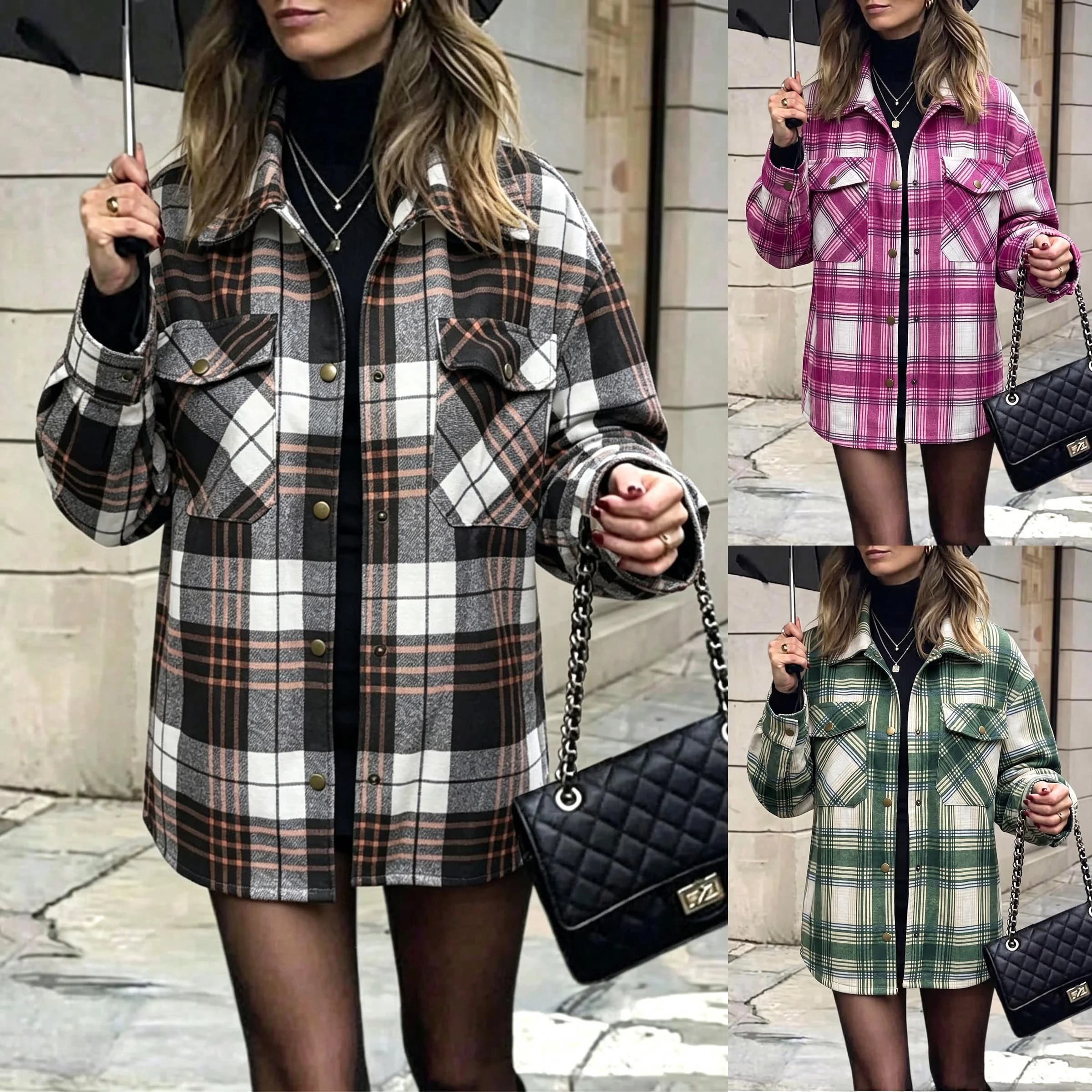 Autumn Winter Plaid Long Sleeve Shirt Jacket Women's Straight Cut Polyester Fiber Non Deformable Regular Thickness Cardigan