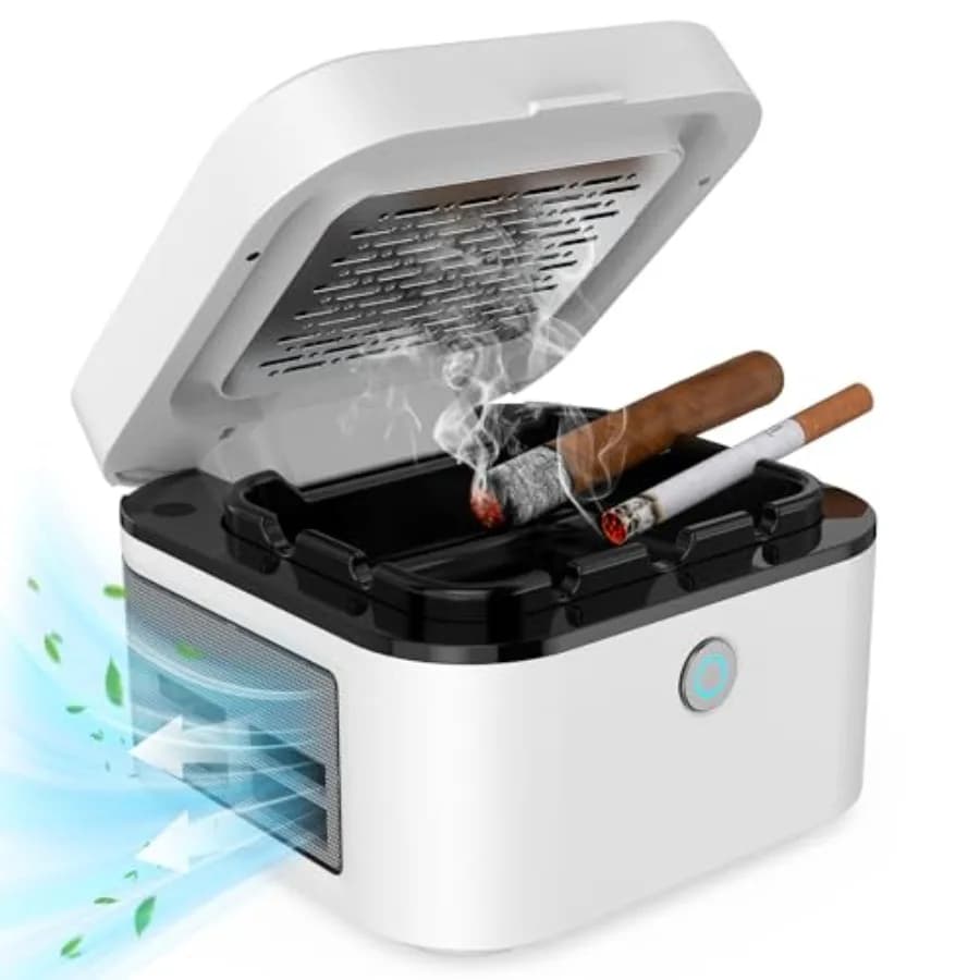Purificatore d'Aria 2 in 1 Multifunzionale con Posacenere Senza Fumo per Fumatori, Filtro HEPA, Riduce il Fumo, Ricaricabile USB, Bianco