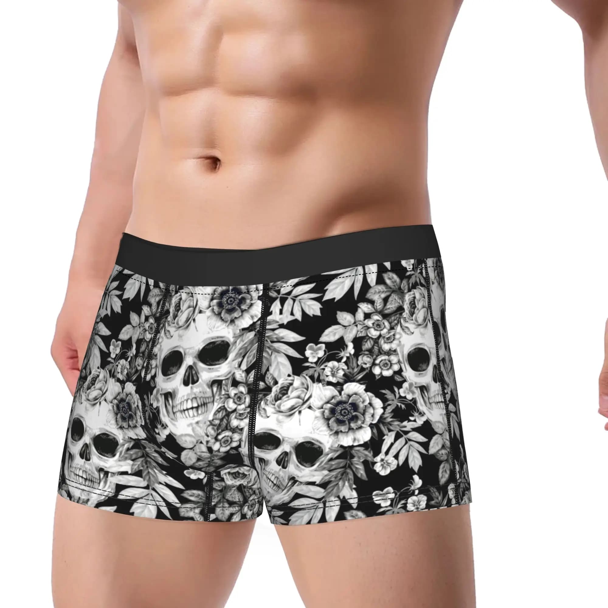 Men's Dark Floral Skulls Underwear Skeleton Rose Funny Boxer Briefs Shorts Panties Male Breathable Underpants M-XXL