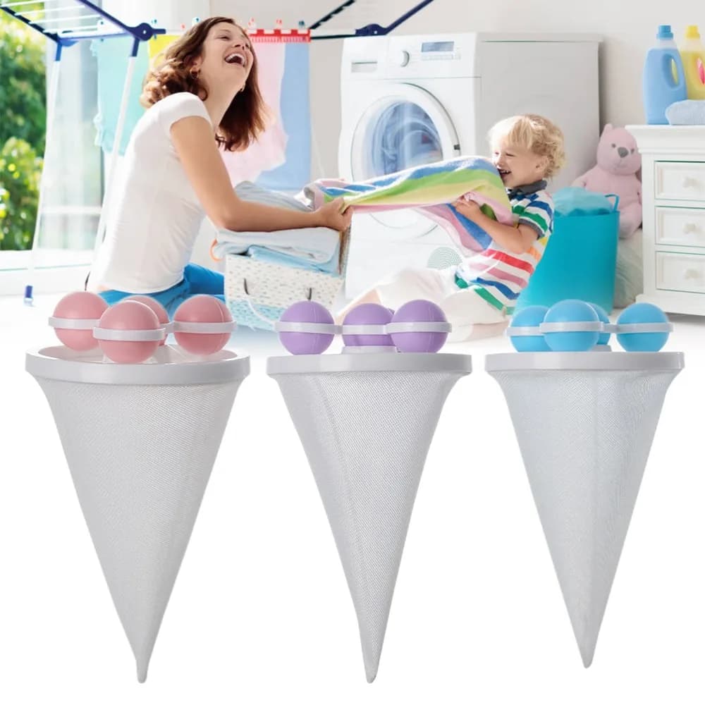 Set di 3 Palline Colorate Riutilizzabili per Lavatrice, Accessorio Universale Galleggiante con Rete Filtrante per la Pulizia dei Vestiti