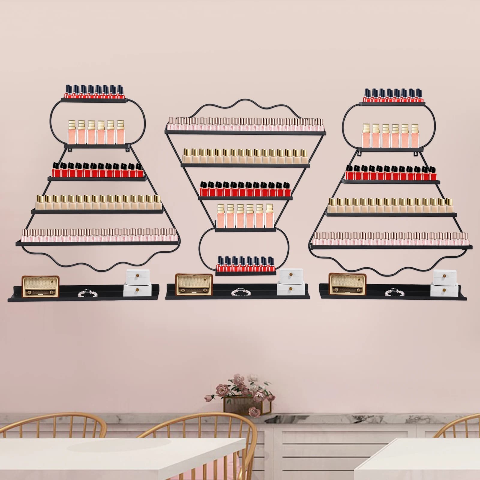 5-Tier Wall Mounted Nail Polish Racks, Nail Polish Shelves, Nail Polish Display Rack Iron Organizer with 3 Hanging Bars for Salon