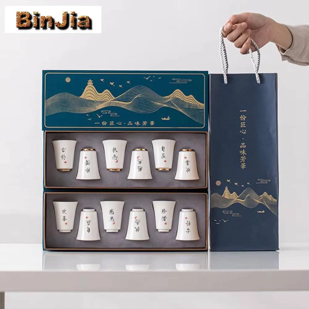 6Pc/Set Sheep Jade White Porcelain Teacup Hanmade Calligraphy Master Cup Small Smlling Set Of Cups Kung Fu Teaset Gift Box craft