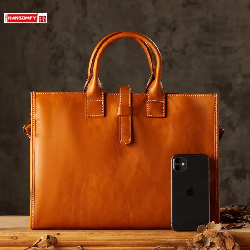 Borsa da uomo in vera pelle Borsa per computer da 14 pollici Valigetta da lavoro Primo strato di pelle bovina Borse a tracolla a tracolla in pelle semplice