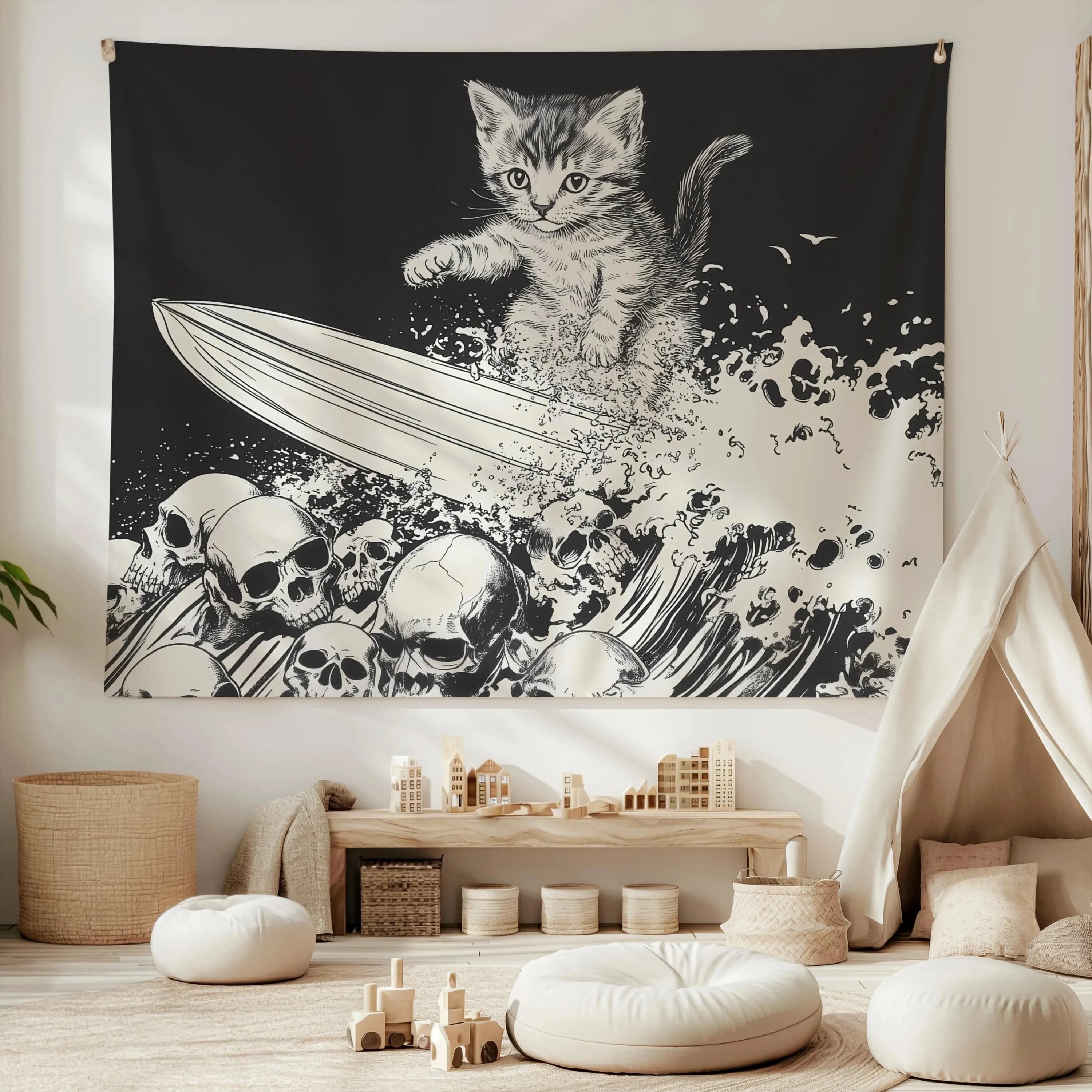 Customize Heavy Metal Kitten Tapestry Unhinged Wall Art - Skull Surfing Cat - MTG Inspired Hardcore Funny Decor - Sea of Bones B