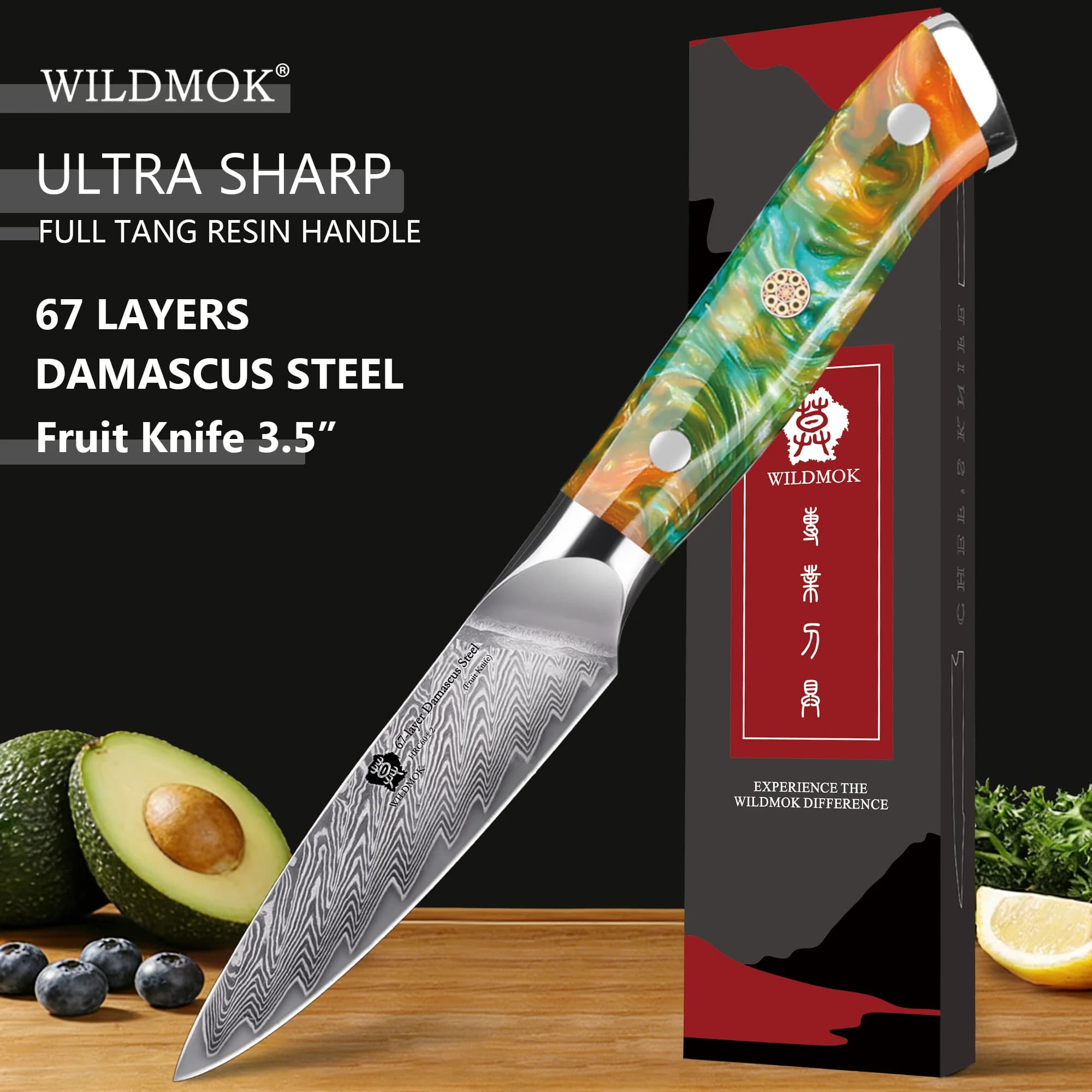 Coltello da cucina WILDMOK 3.5" in acciaio Damasco giapponese con manico in resina arancione per tagliare e sbucciare frutta e verdura