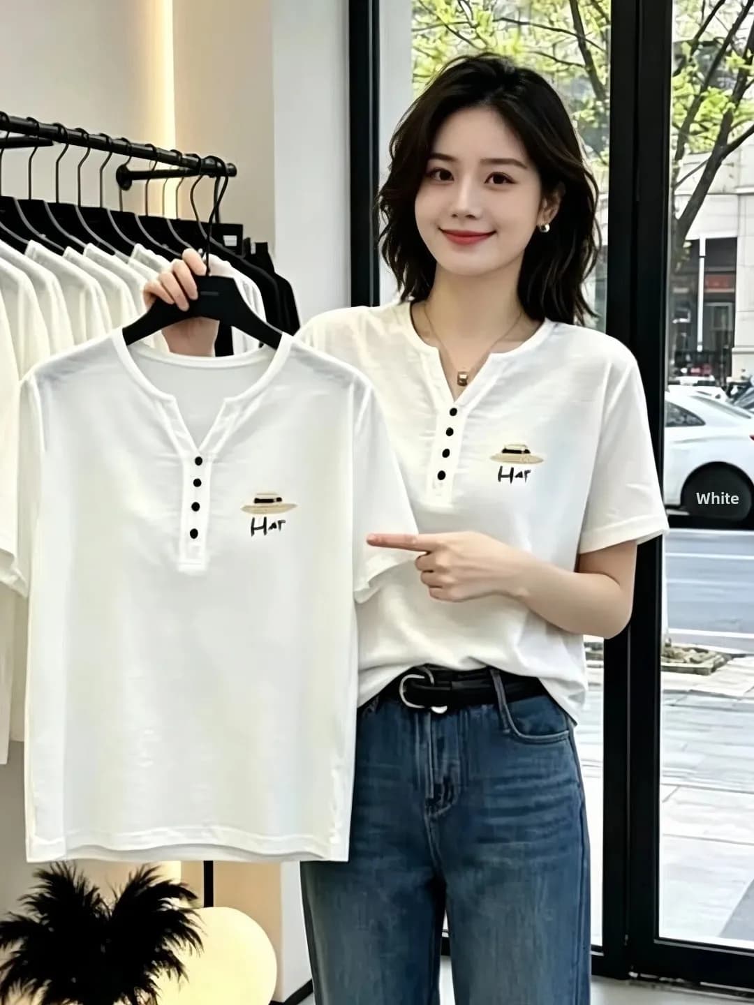 Slimming V-Neck Short Sleeve Pure Cotton T-Shirt Women's Summer plus Size Fashionable Versatile Korean Style Casual Top