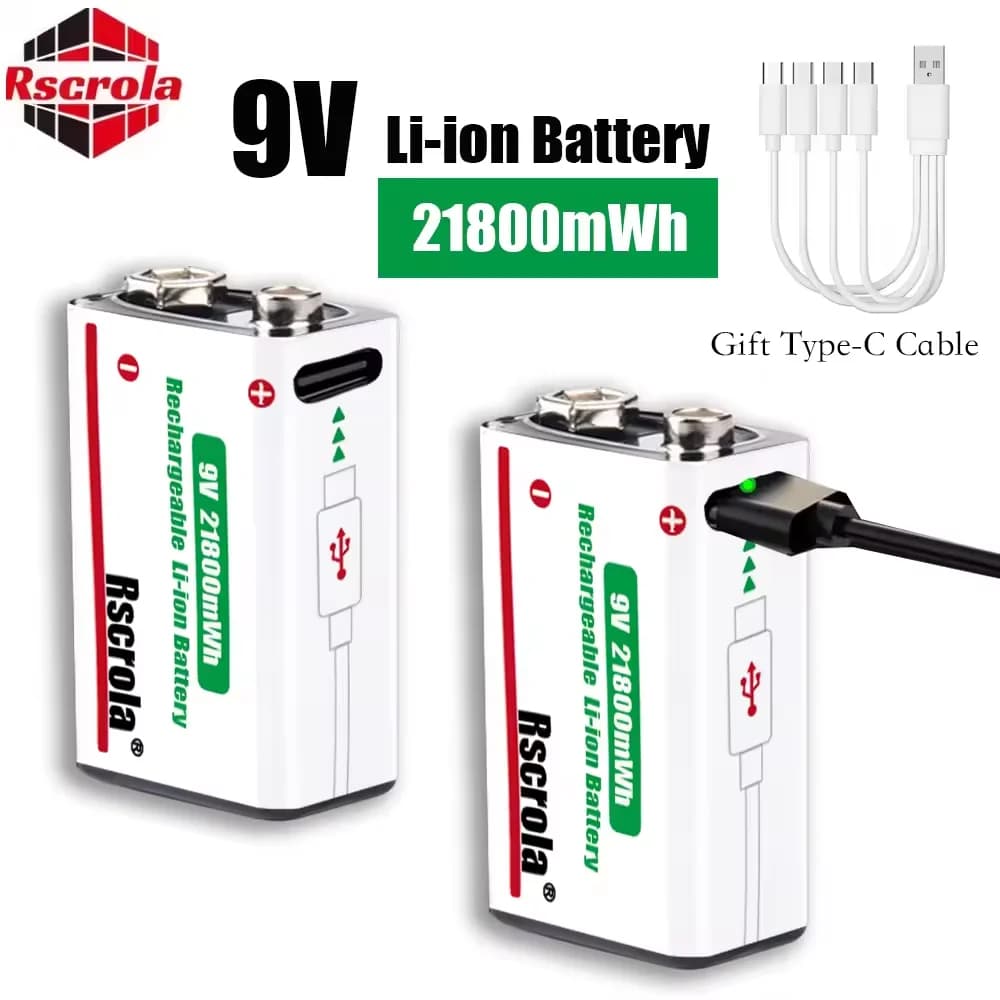 Batteria Ricaricabile USB 9V 21800mWh Tipo-C Ricaricabile 6F22 9V agli Ioni di Litio per Elicottero RC, Multimetro, Giocattoli