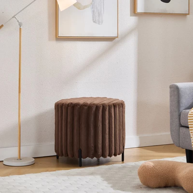Pouf Rotondo Imbottito Moderno SZ con Gambe in Metallo Nero e Poggiapiedi in Pelliccia Sintetica per Soggiorno, Camera da Letto, Ingresso