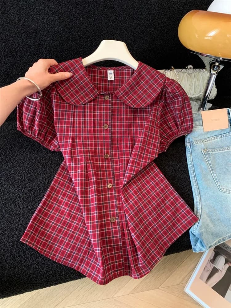 Korean Style School Girl Plaid Shirt Women Summer New Ageless Gentle Softness Doll Collar Top Short Sleeve Bubble Sleeve
