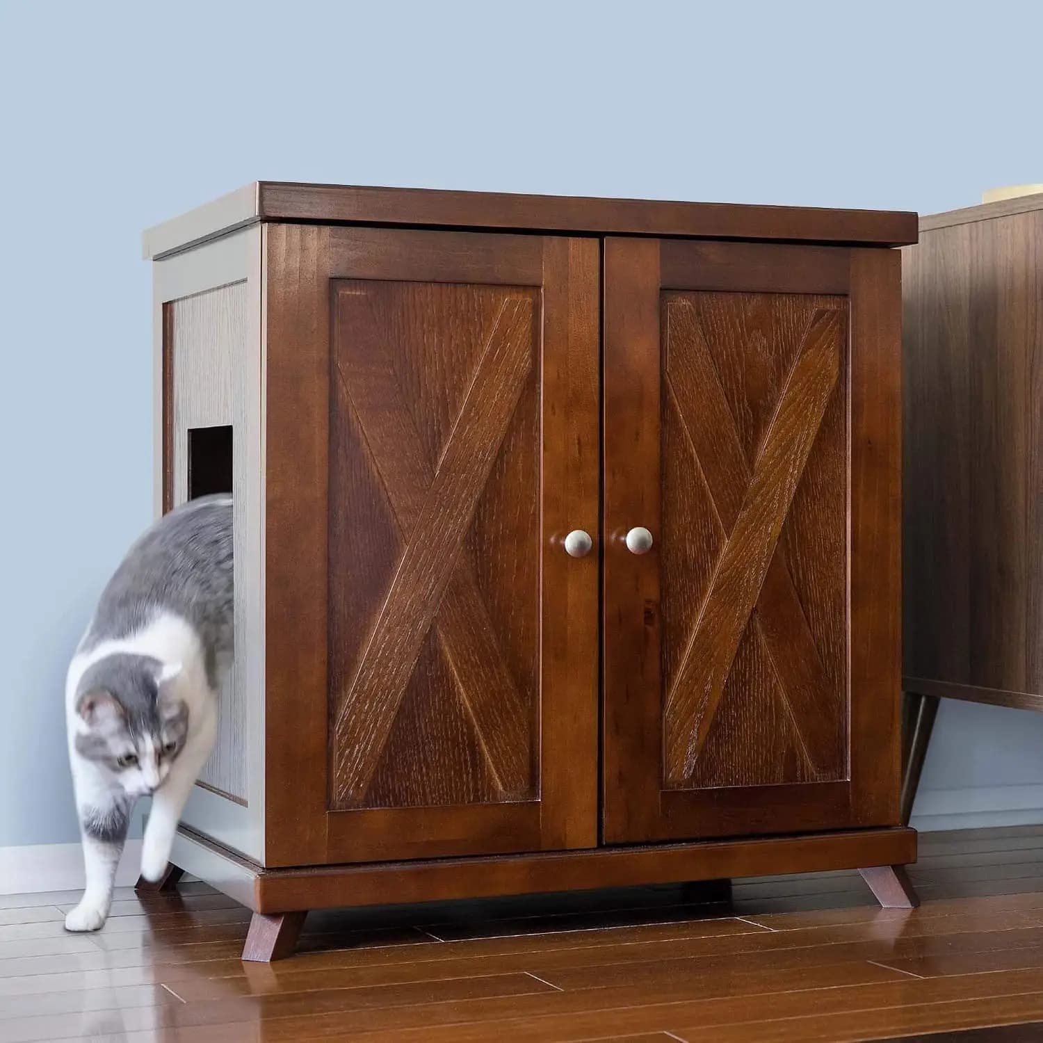 Cat Litter Box Enclosure Cabinet, Farmhouse, Mahogany Brown, Mid-Century Feet, Large, Hidden Litter Cat Furniture with, Custom