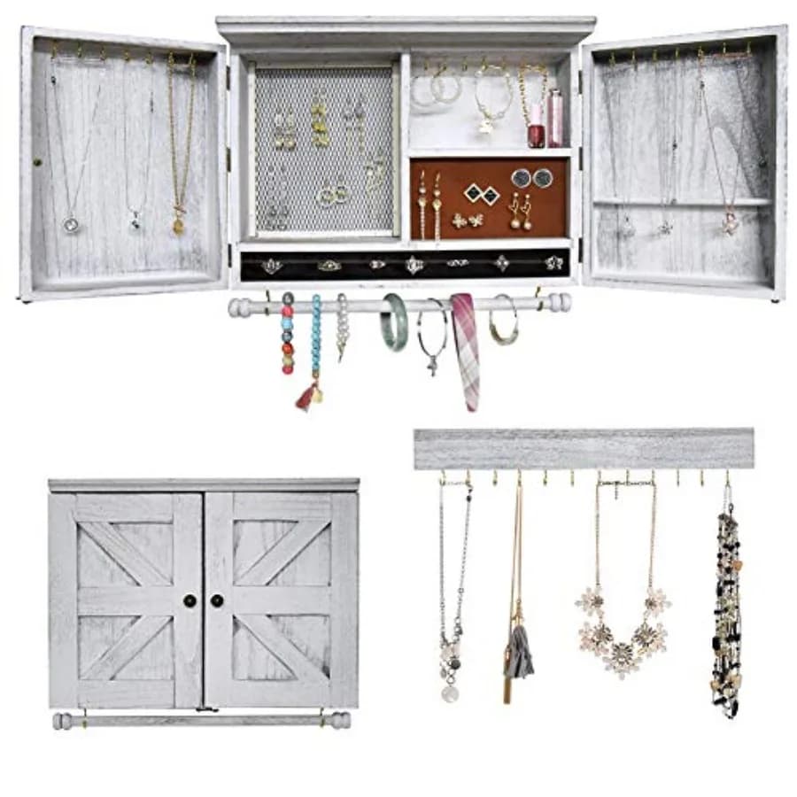 Organizzatore di Gioielli da Parete con Decorazione in Legno Stile Barn Door, Supporto da Parete in Legno per Collane, Orecchini e Bracciali
