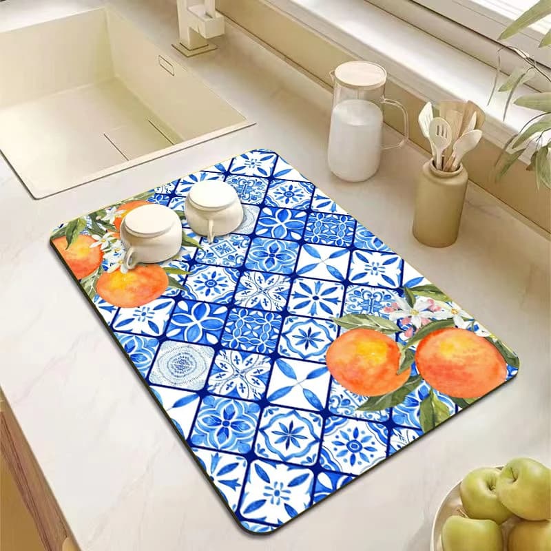 Absorbent Dish Drying Mat for Kitchen Counter Lemon Car Tile Design Non-Slip Coffee Maker Bar Mat Quick Drying Table Pad