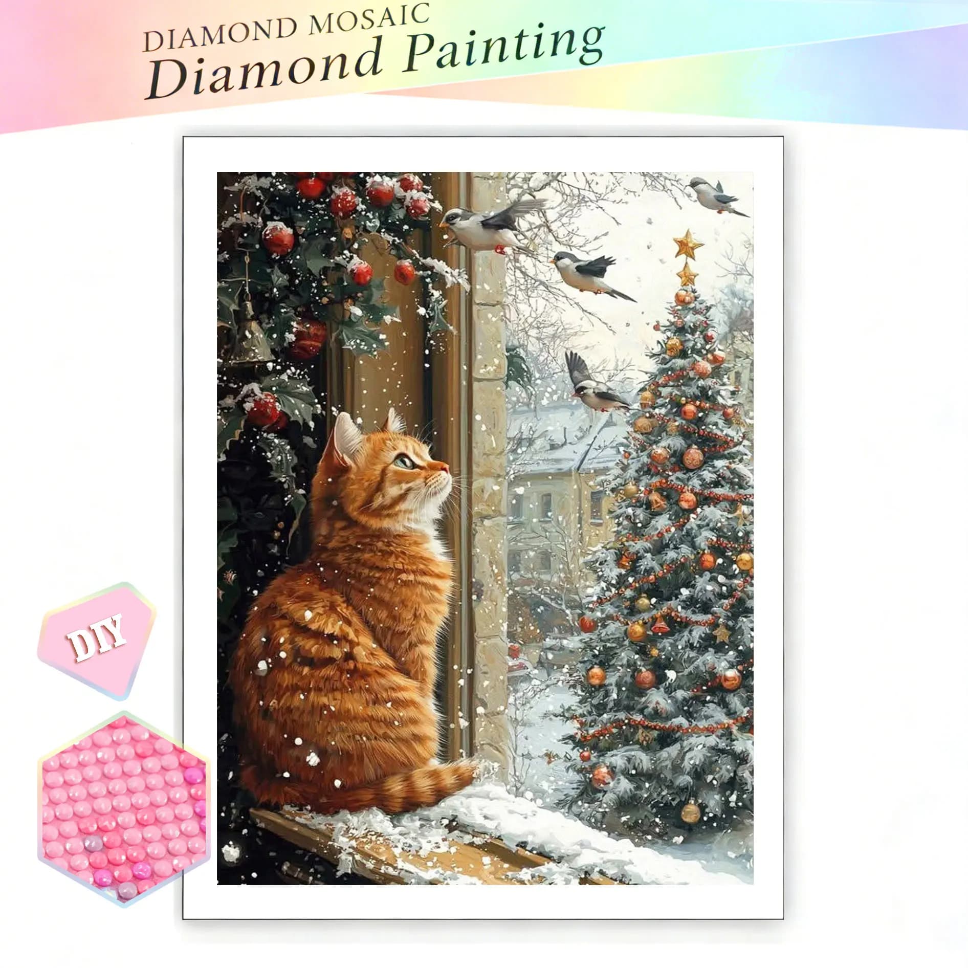 EverShine Diamond Painting Gatto Arancione su Albero di Natale, Kit Completo Ricamo Diamantato Animale, Quadri con Strass