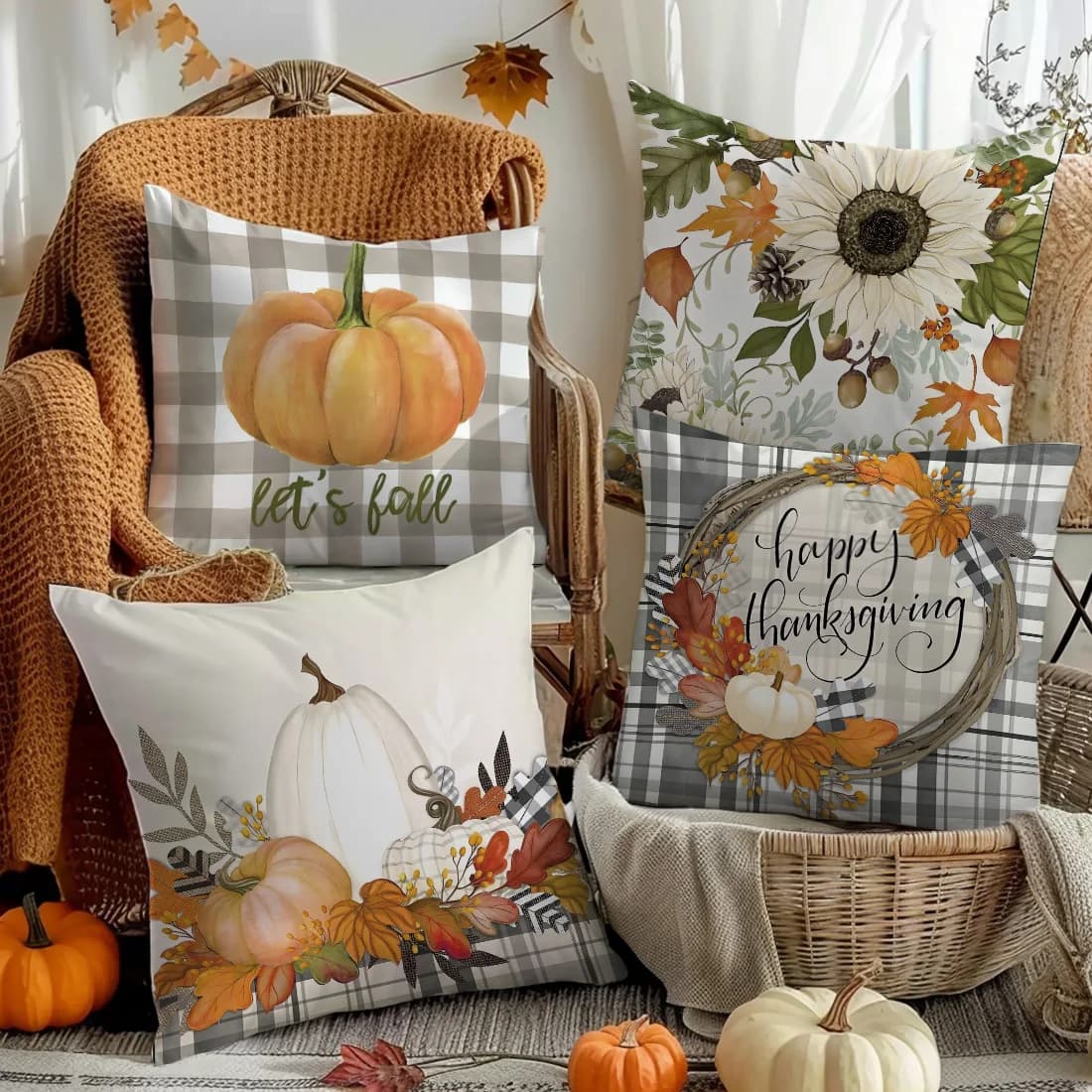 Fodera per cuscino a tema autunnale 45 * 45 cm, girasole, zucca, stile acquerello per la decorazione domestica Fodera per cuscino per divano Ringraziamento