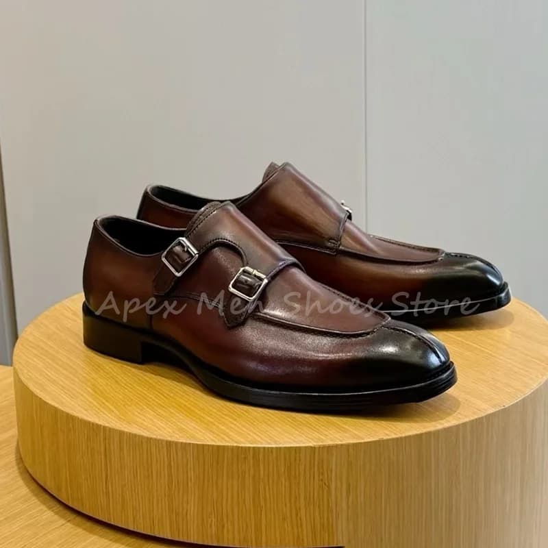 Fashionable cow leather buckle monk shoes oxford briefs on brown glossy black soles comfortable formal wear resistant