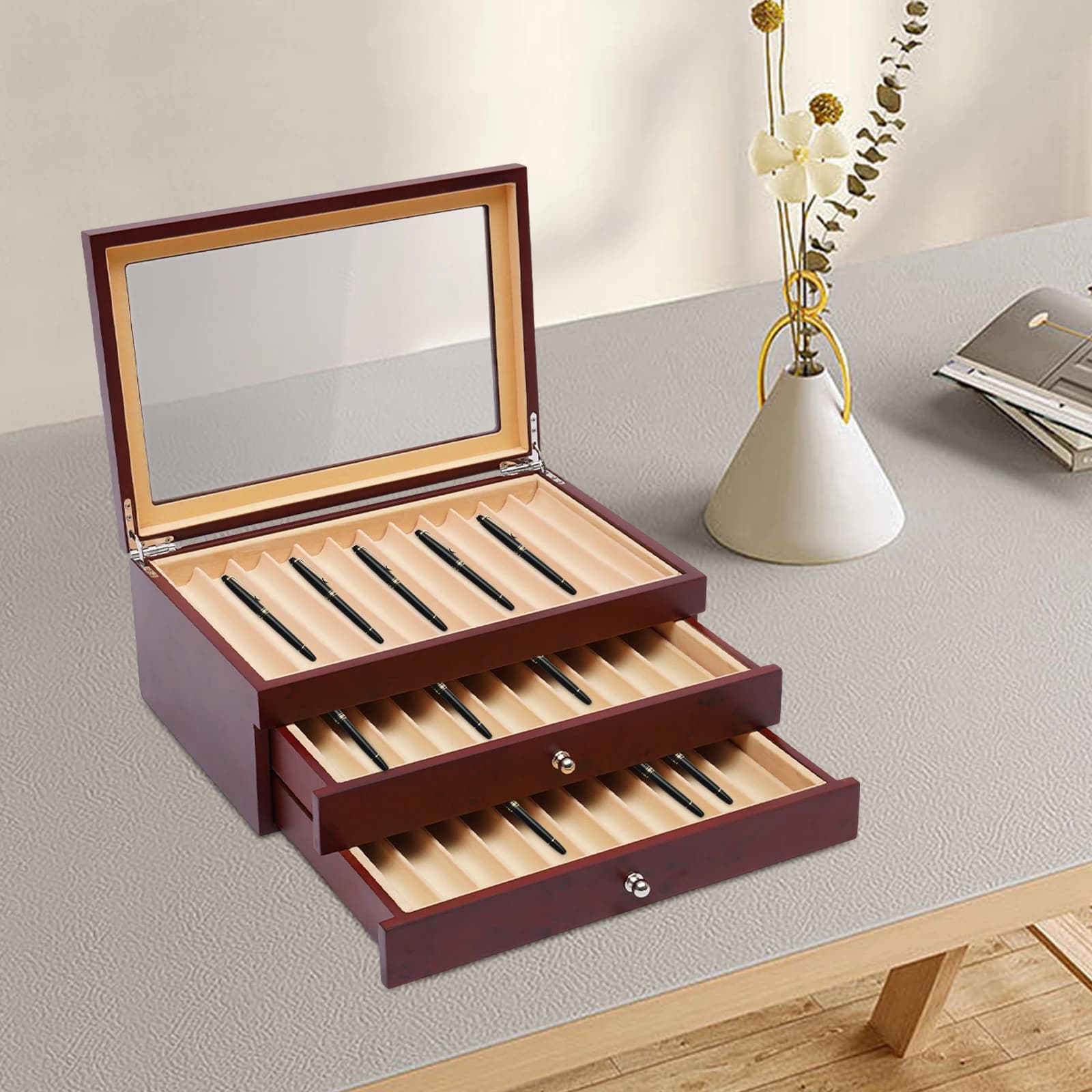 Scatola per penne in legno, organizer per esposizione di stoccaggio a 3 strati e 34 slot, supporto per esposizione penna stilografica rossa, regalo per l'home office, custodia da collezione