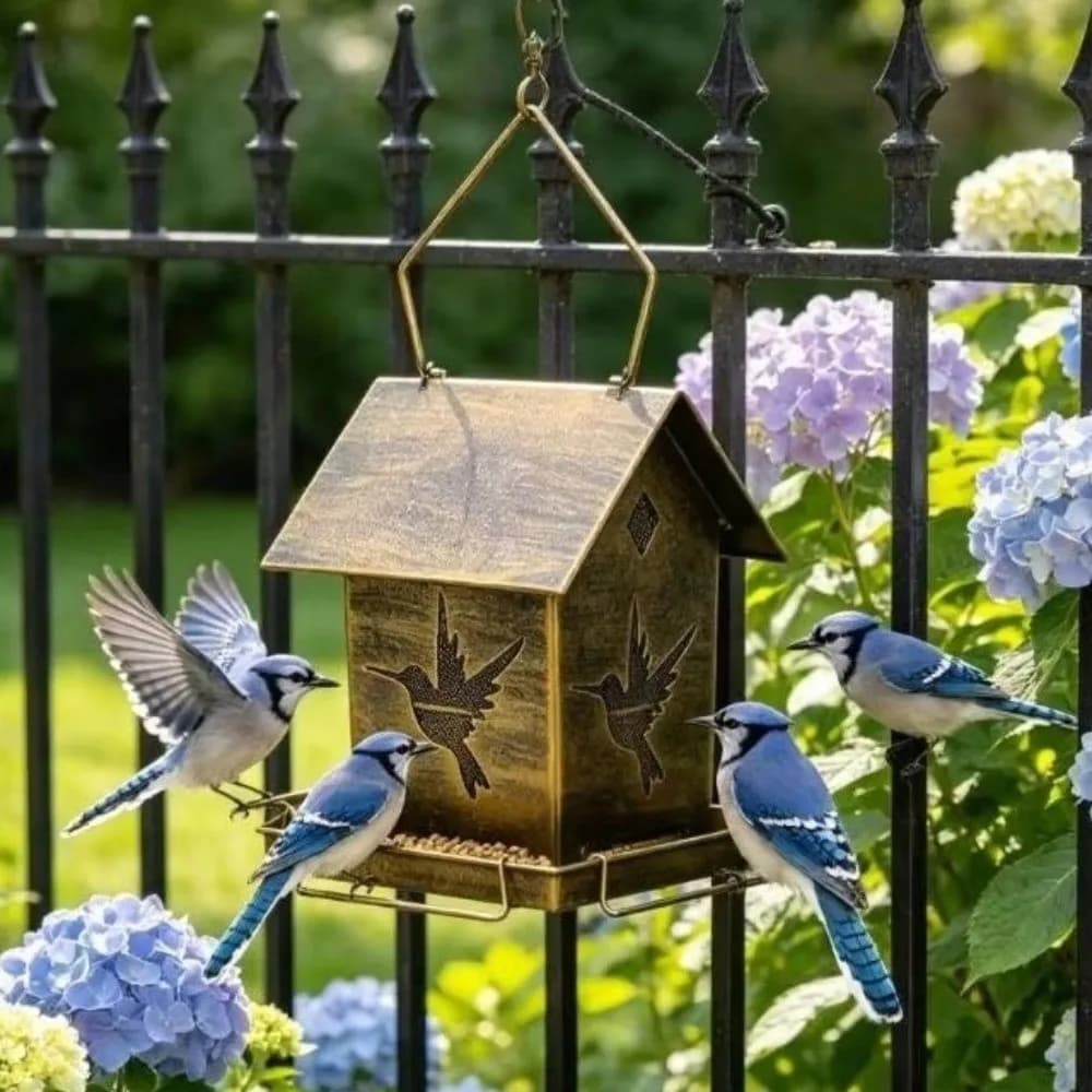 Windproof Hanging Metal Bird Feeder Iron Bird Pattern Bird Food Container Large Capacity Leak-Proof Wildlife Shelter