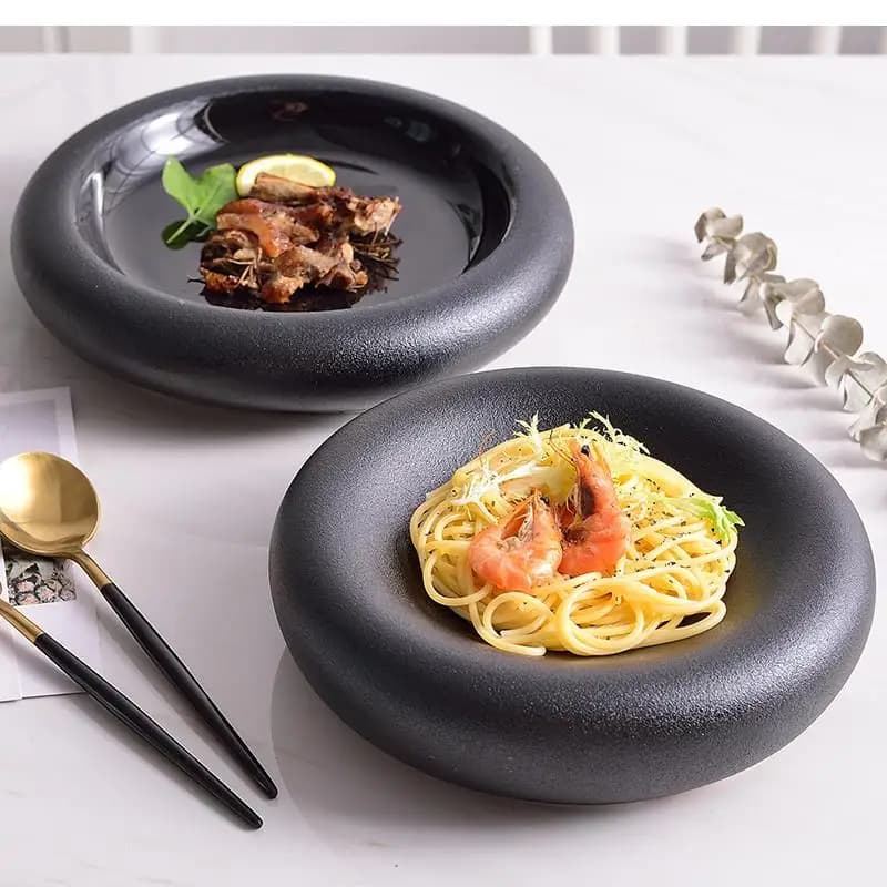9 Inches Dinner Set Plates and Dishes Matte Black Ceramic Plate Japanese Round Deep Dish Pasta Dessert