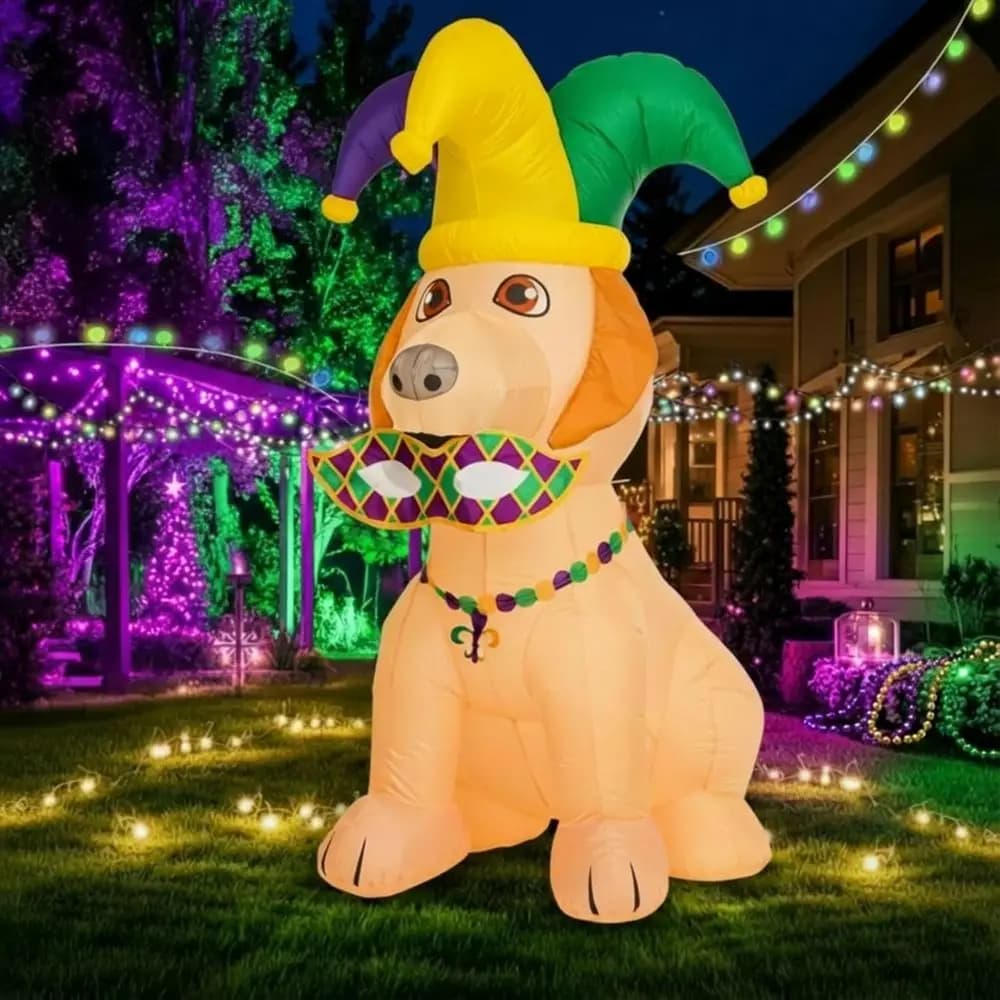 Decorazione Gonfiabile Gigante di 1,8 m per Mardi Gras, Cani Gonfiabili con Corona, Collana e Maschera, Luci LED Integrate, Decorazione da Giardino per Carnevale