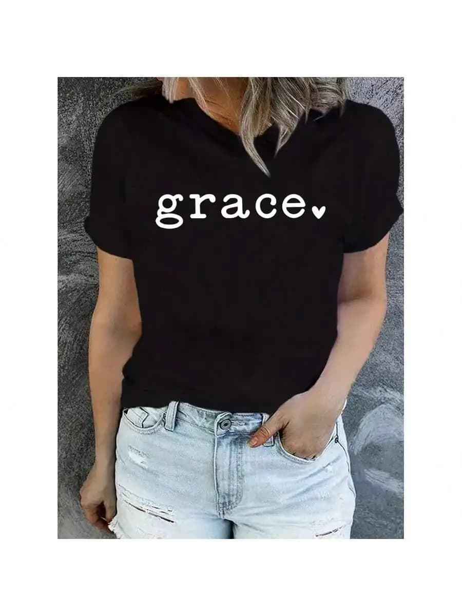 Women s Grace T-Shirt - Long Sleeve Round Neck Medium Stretch Tee With Christmas Slogan Print For Festive Holiday Wear