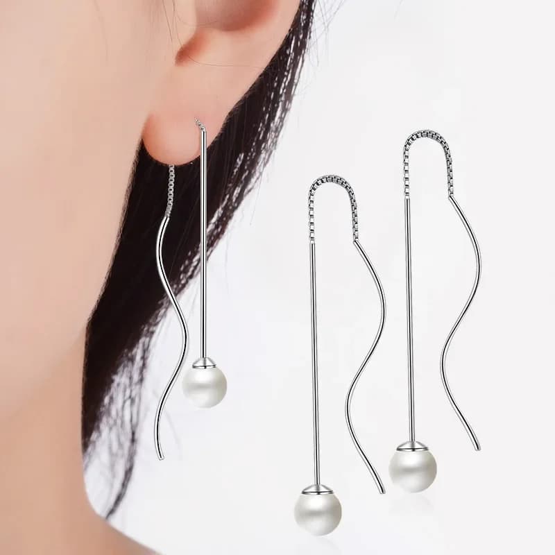 High Quality OL Line Font 925 Sterling Silver Long Tassel Pearl Dangle Earrings for Women Wave Rotation Round Statement Jewelry