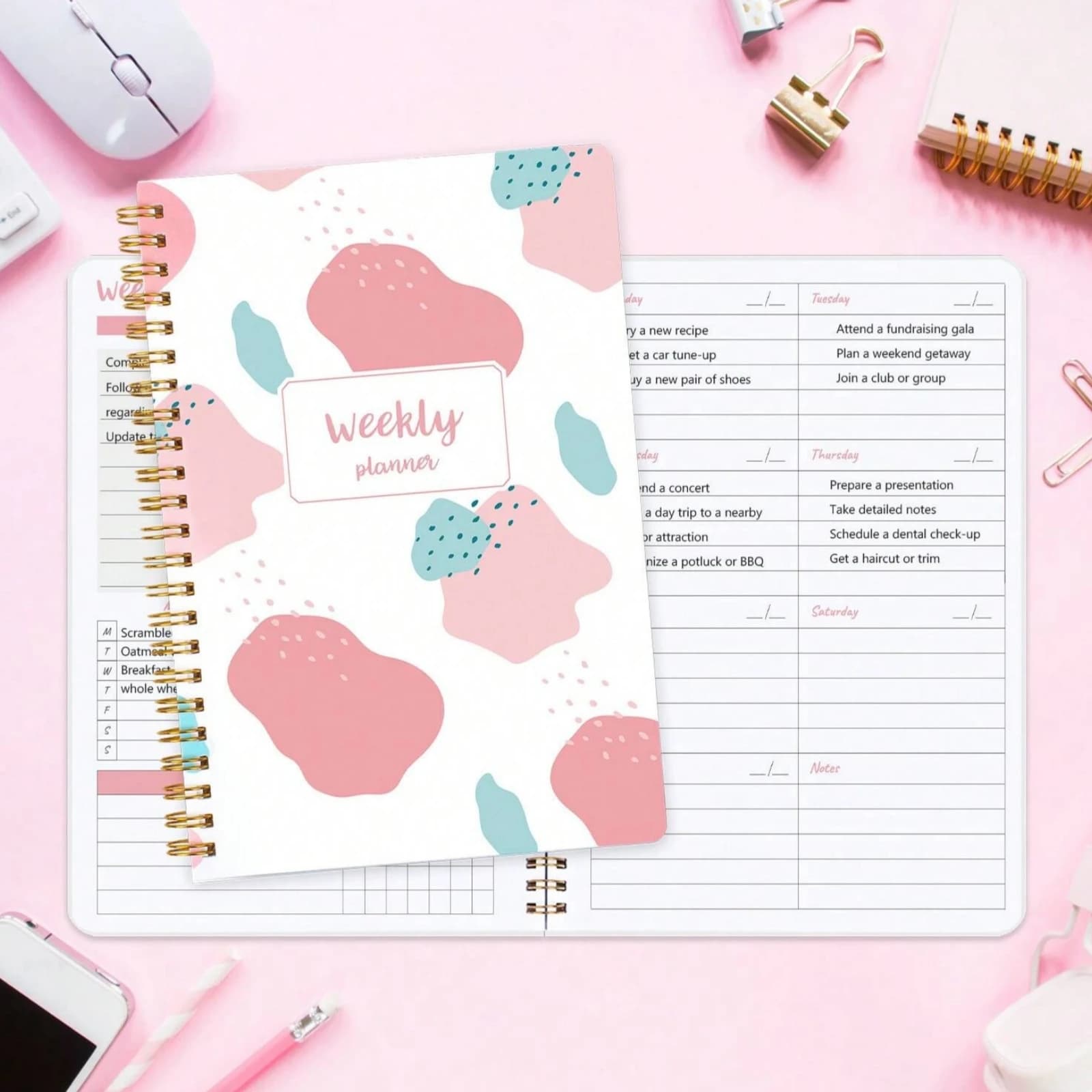 Agenda settimanale A5, planner rosa con spirale, con obiettivi, liste di cose da fare, pianificazione dei pasti, appunti e tracker delle abitudini