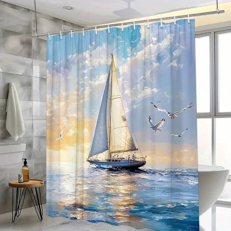 Tenda da doccia 1 pezzo Seascape Sunset - Barca a vela e guanti, scena sull'oceano tranquillo, poliestere, 70,8x70,8", lavabile e durevole