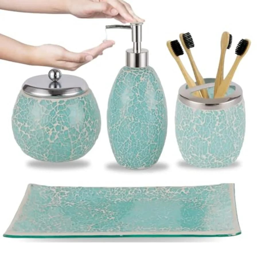 Set di accessori da bagno moderni verdi 4 pezzi lussuoso mosaico di vetro turchese dispenser di sapone portaspazzolino batuffolo di cotone vaso V