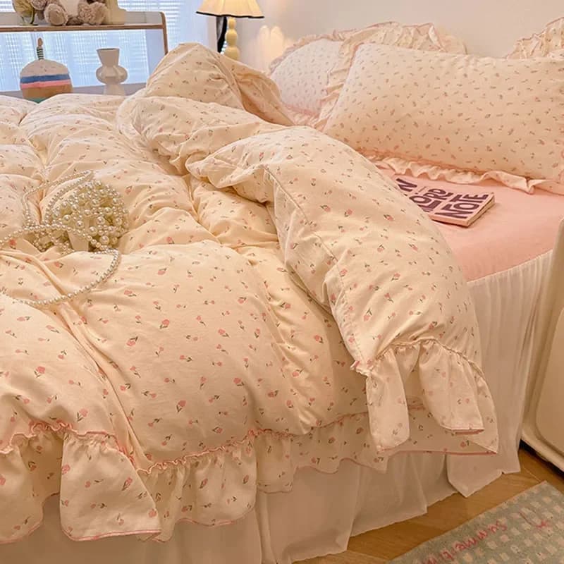 Sweet Flower Printed Bed Skirt Bedding Set Skin Friendly Cotton Nude Sleeping Comforter Cover Set Class-A Single Home Textile