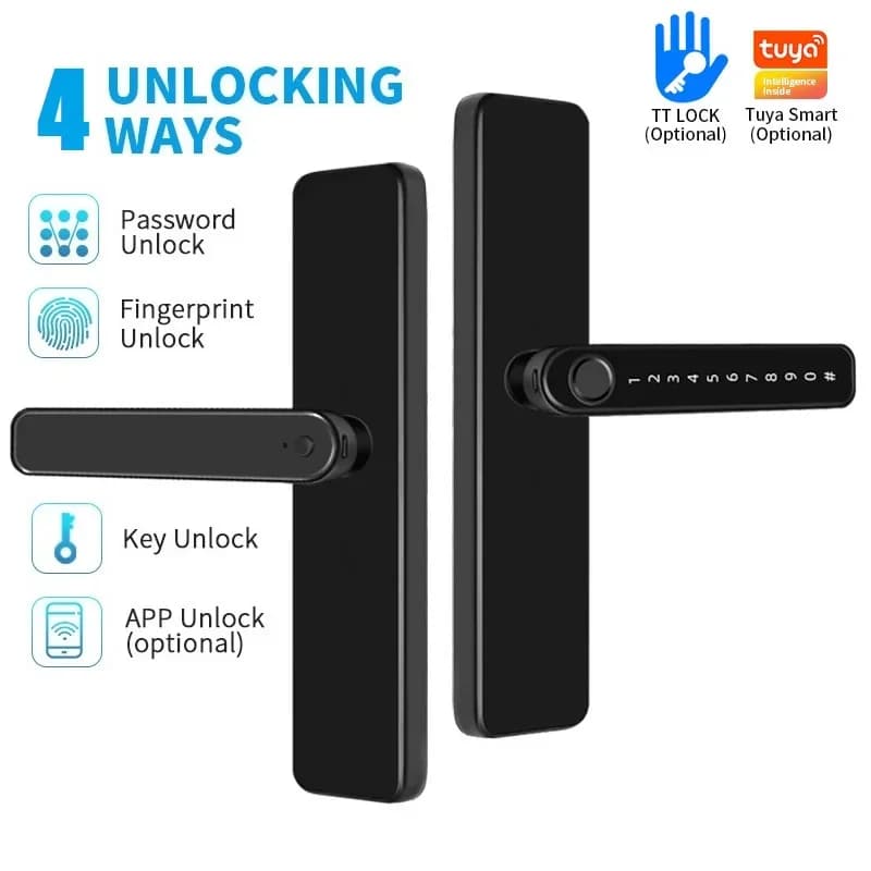 Maniglia per serratura intelligente Tuya per porte interne in legno Impronta digitale Password Chiave APP Sblocco remoto Serratura elettronica Nessun cilindro di blocco