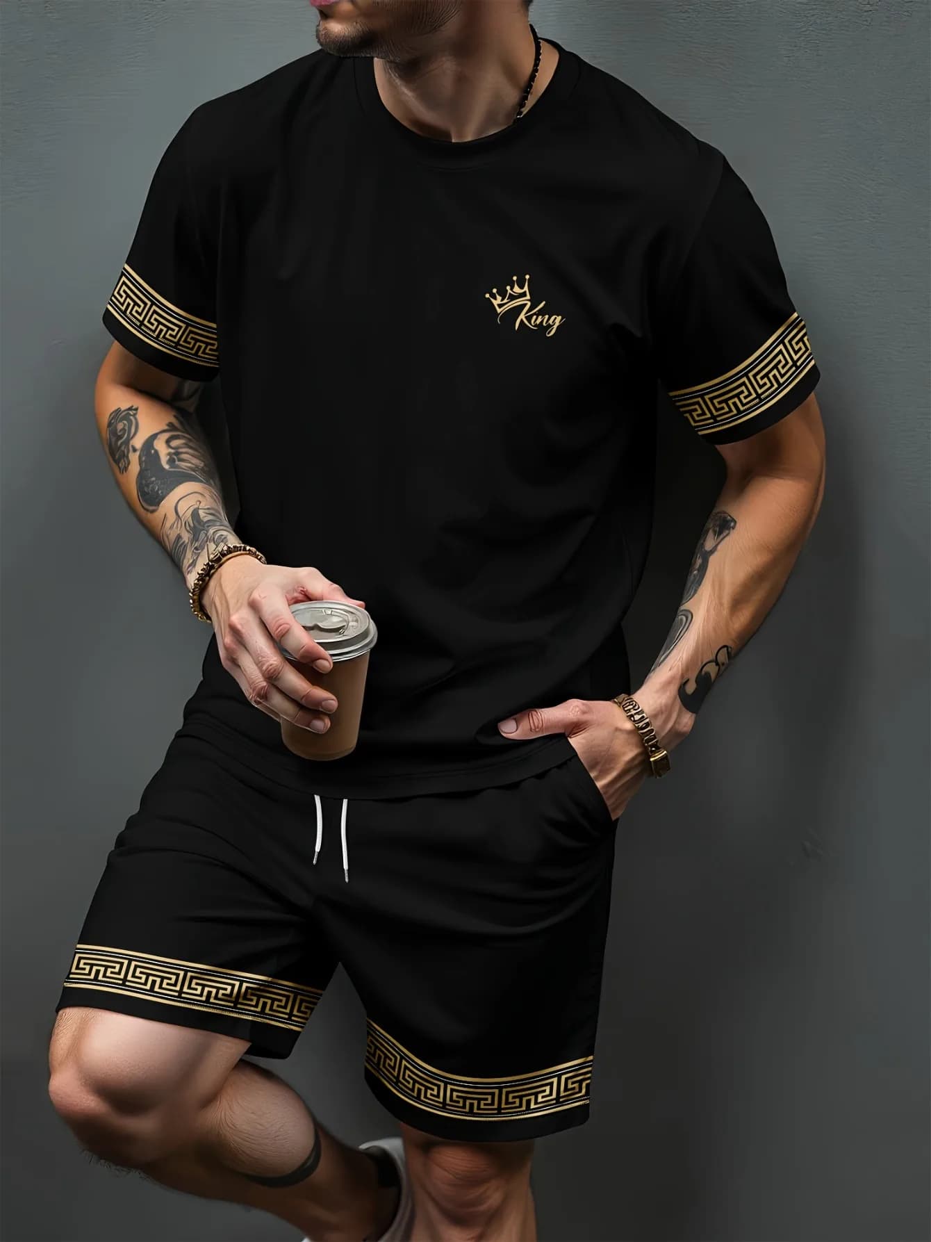 New men's summer striped letter print comfortable breathable round neck T-shirt drawstring shorts set outdoor casual wear