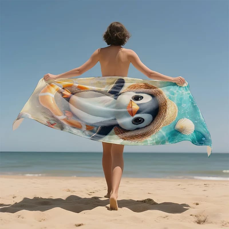 Asciugamano da Spiaggia in Microfibra con Pinguino Cartoon, Asciugatura Rapida, Antisabbia, Stile Tropicale per Viaggi all'Aperto