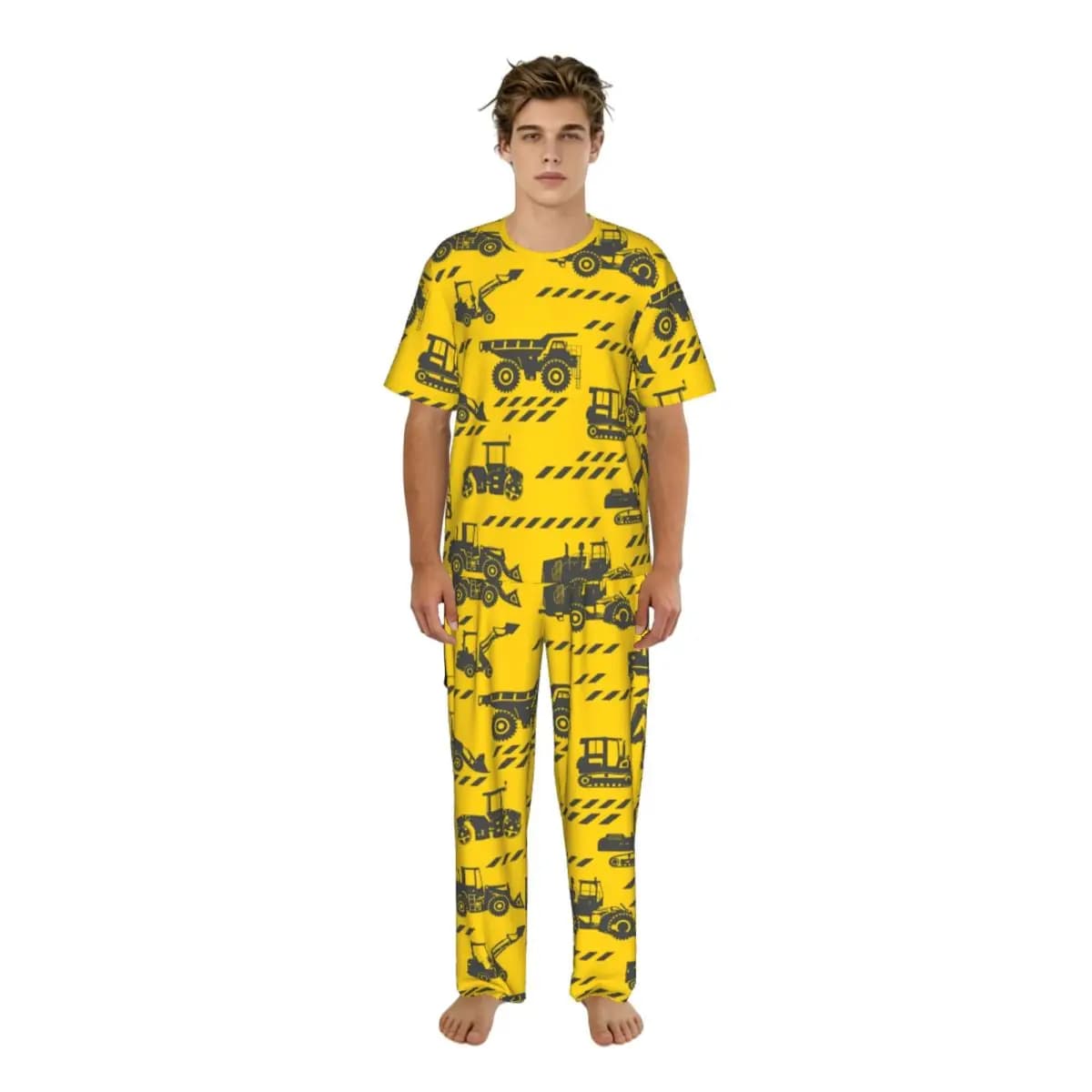 Pigiama da Uomo con Maniche Corte e Pantaloni Lunghi, Motivo Camion Cartoon, Set Estivo per Casa