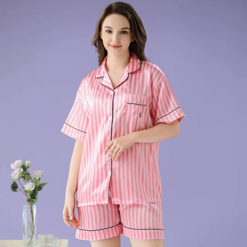 Pigiama estivo da donna in seta di ghiaccio da donna manica corta a righe rosa pigiama da notte pigiama da 2 pezzi pigiama da ragazza homewear