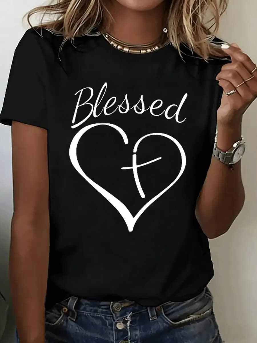 T-shirt da donna in cotone con grafica Blessed Heart, top casual ispirato alla fede
