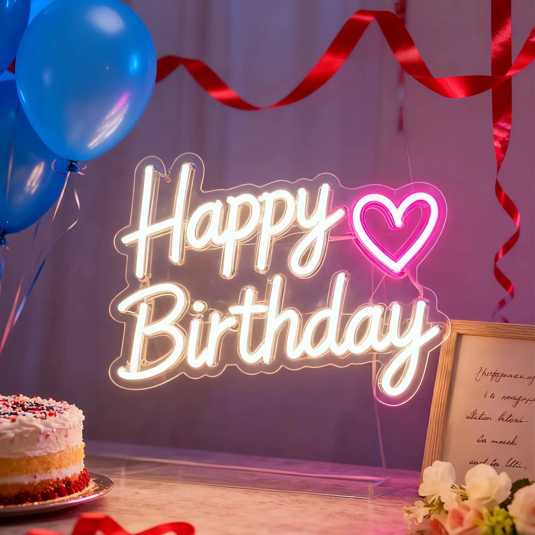 Insegna al Neon 'Buon Compleanno', Lettere Luminose a LED in Plastica, Decorazione Artistica a Forma di Cuore per Feste di Compleanno e Arredo Murale