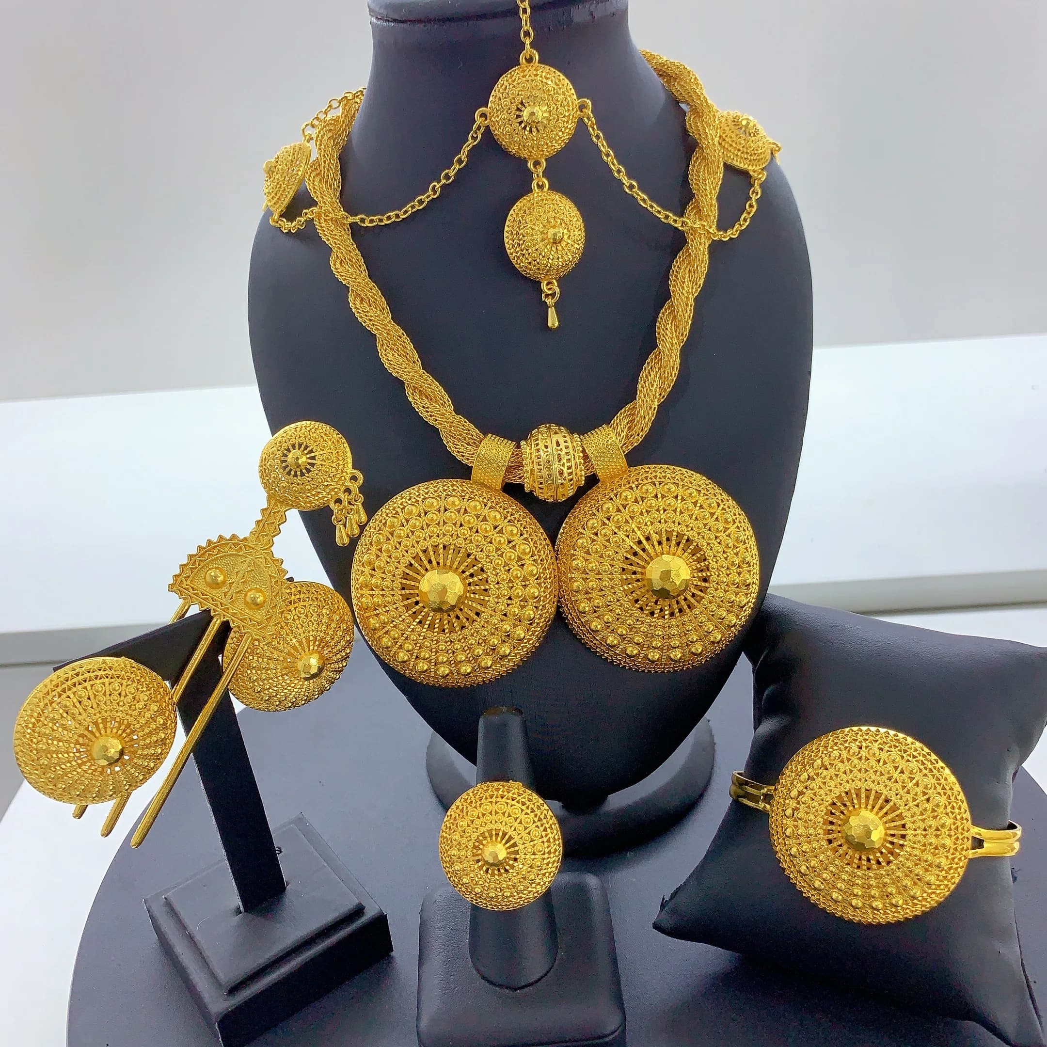 Set di gioielli da sposa etiopi per donna Collana intrecciata color oro 24 carati Orecchini Bracciale Anello Gioielli da sposa brasiliani