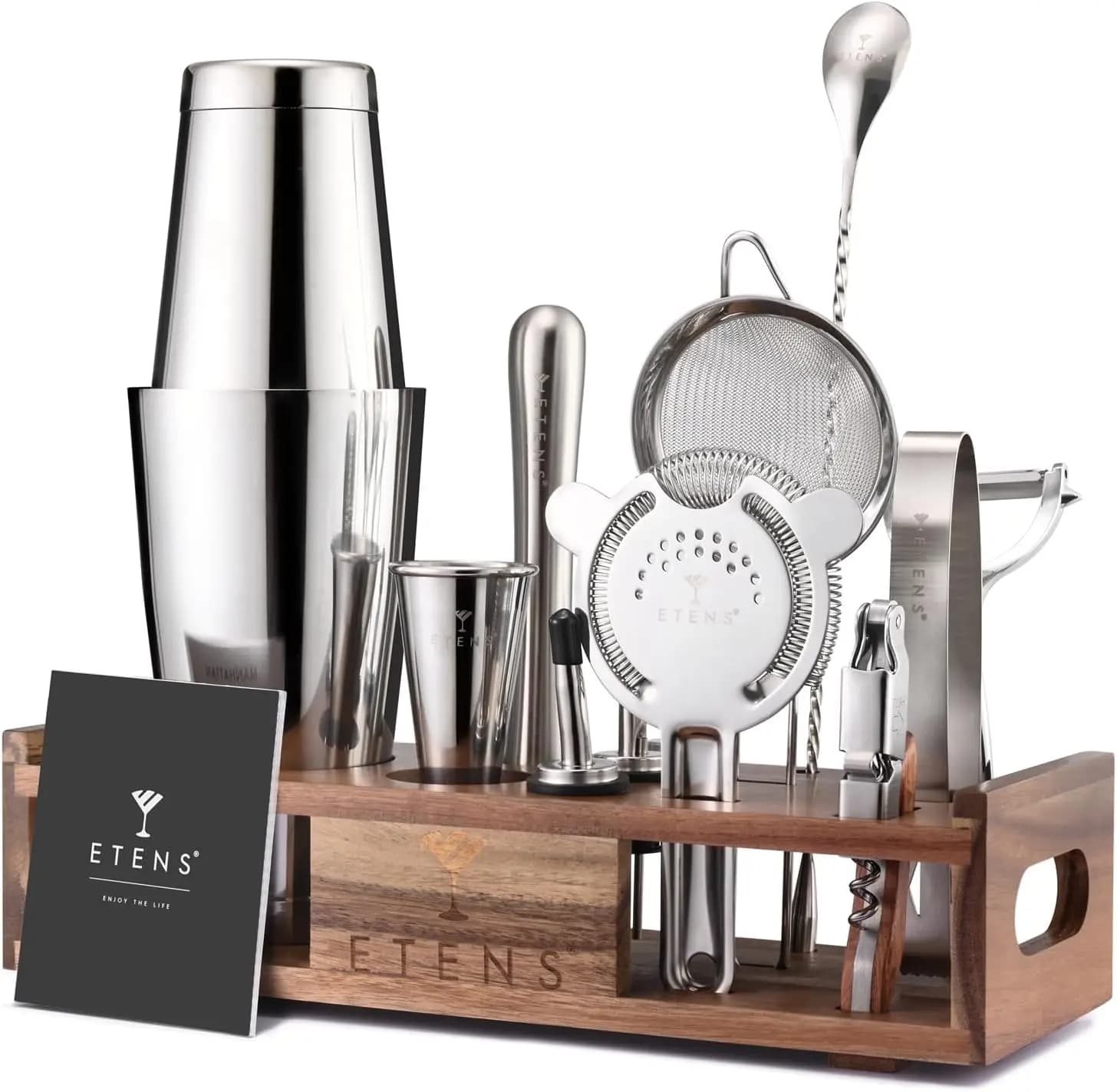 Set shaker per cocktail da 15 pezzi in acciaio inossidabile con supporto in legno | Kit Bartender Professionale per Mixologi Home & Expert