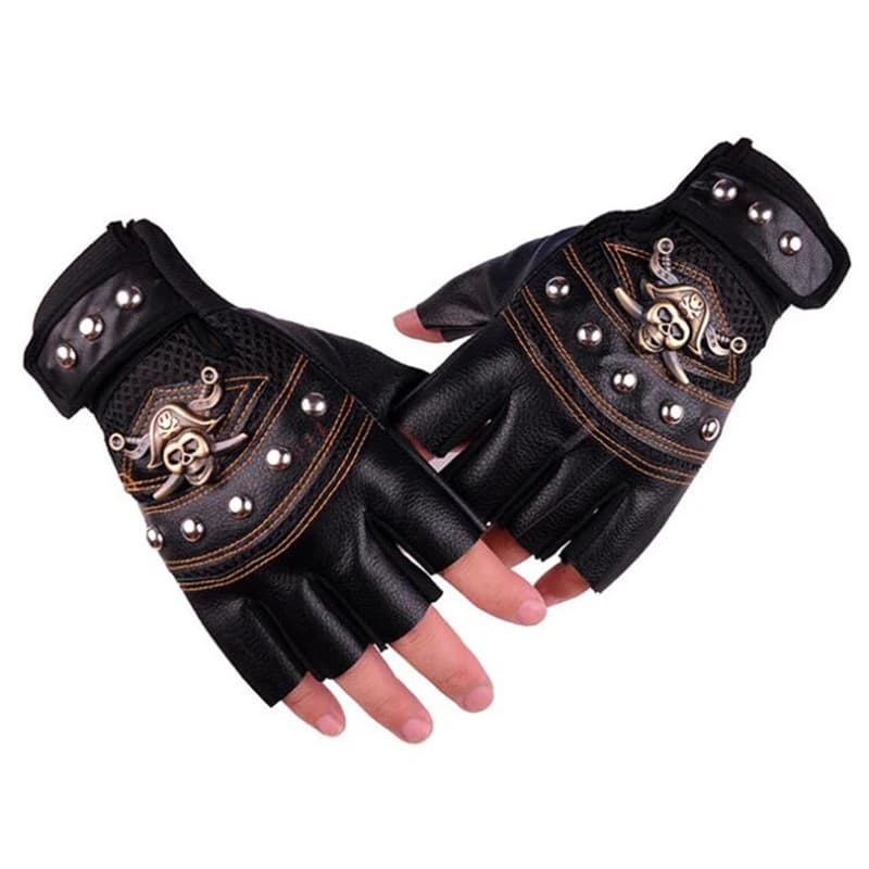 Guanti da moto punk da uomo Estate Primavera Rivetto Pirata Teschio Danza di strada Guanti in pelle PU antiscivolo traspiranti con mezze dita