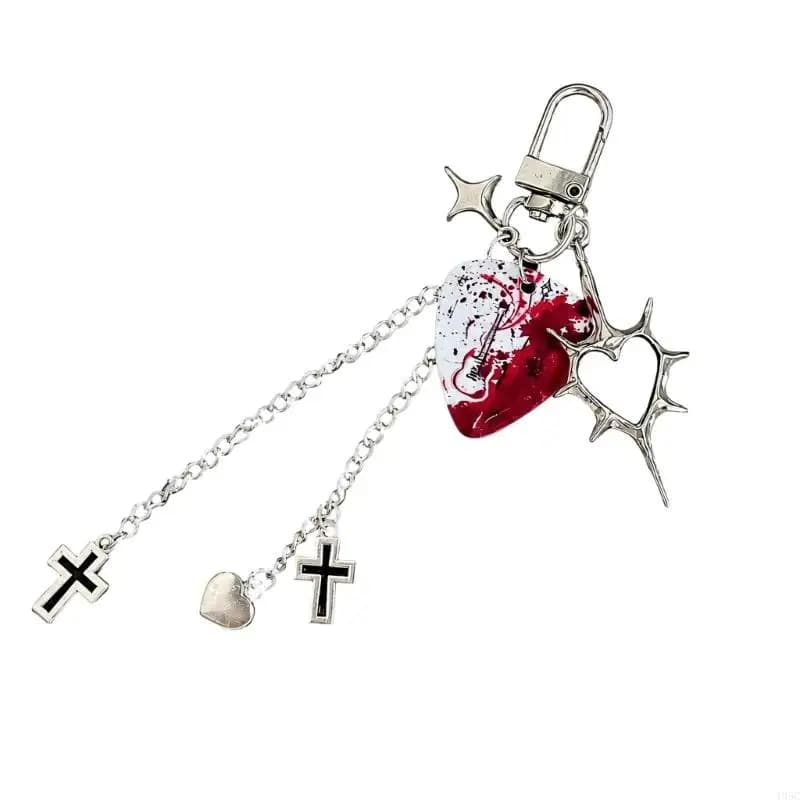 195C Guitar Pick Keychain with Swivels Hook, and Chain Links, Heart-Accent Accessory, Alloy Keyring, Bag Purse Charm for