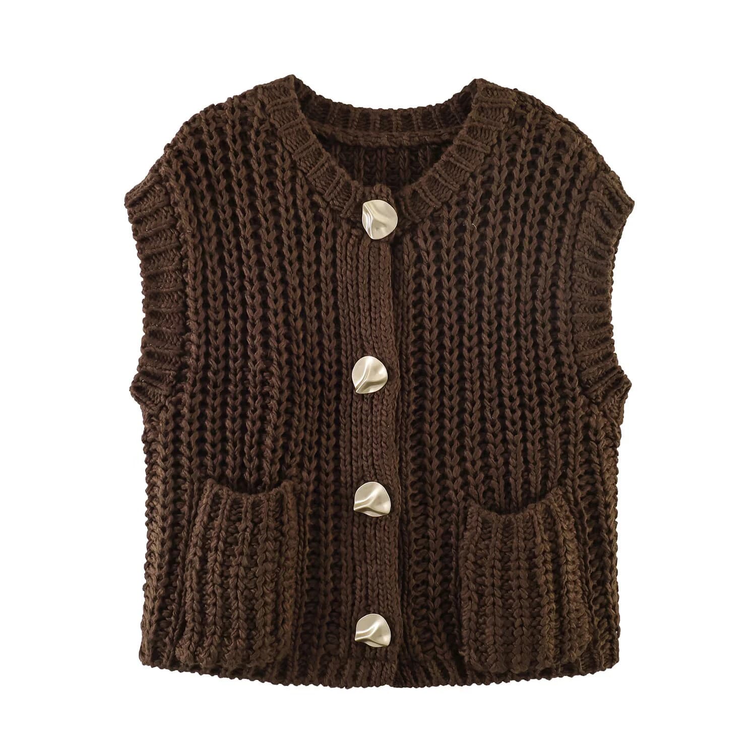 Gilet lavorato a maglia senza maniche con scollo rotondo, versatile, in maglia a maglia grossa, nuovo prodotto primavera/autunno in stile europeo e americano per donna